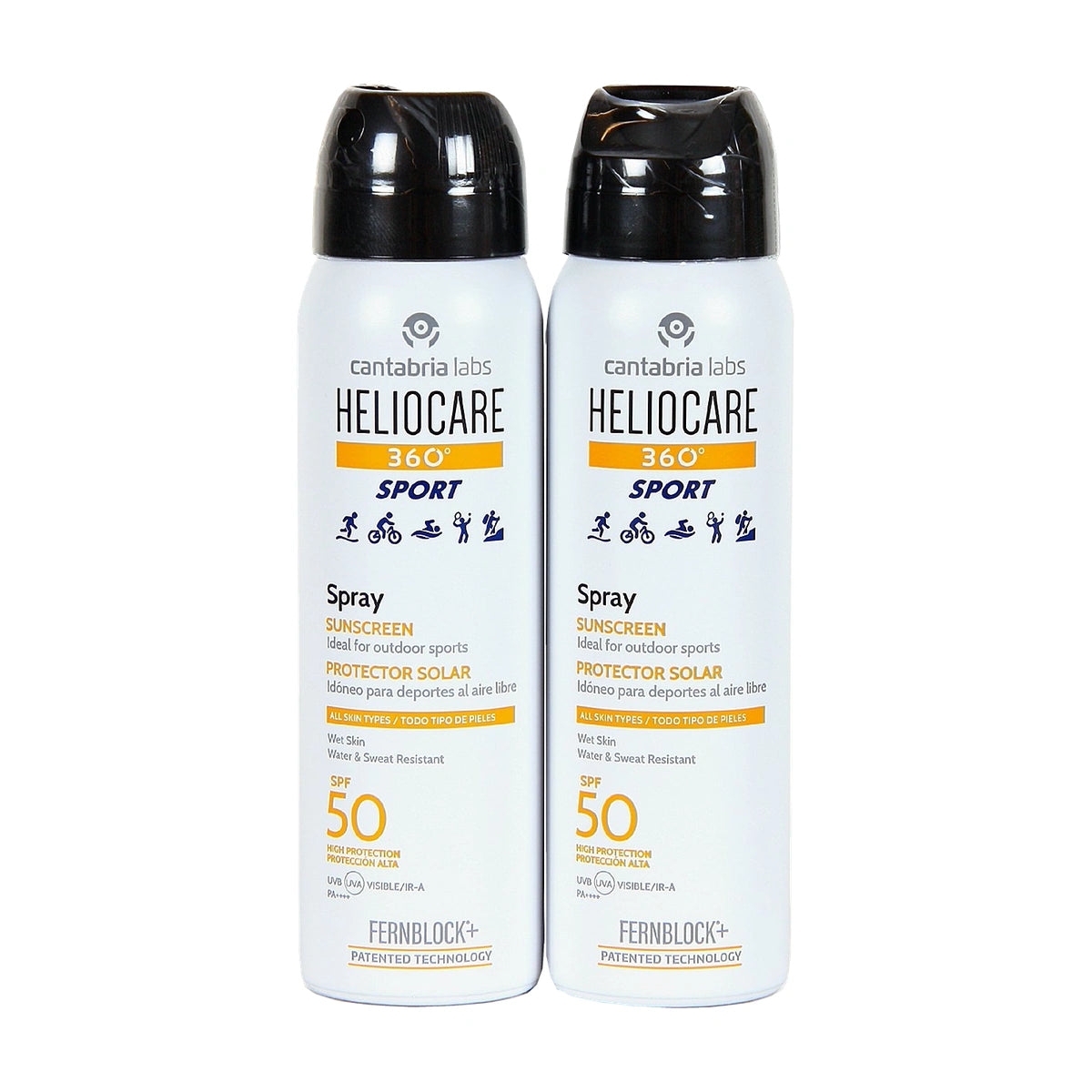 Heliocare 360 Sport Spray SPF 50 Duplo 2 x 100 ml sobre fondo blanco