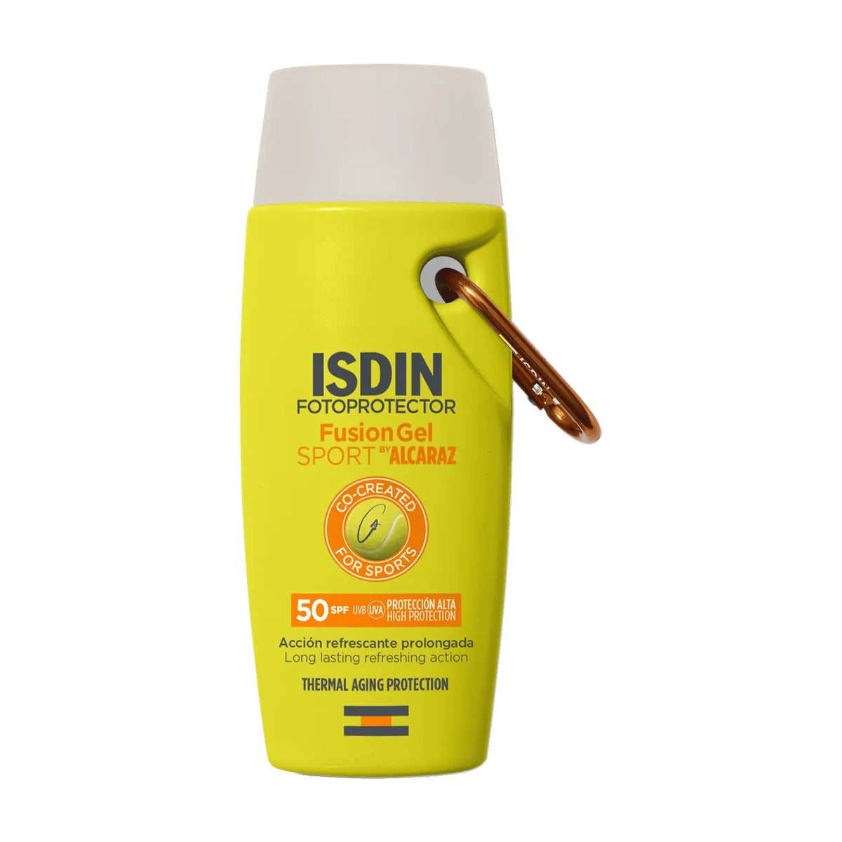 ISDIN Fusion Gel Sport by Alcaraz SPF 50 100 ml sobre fondo blanco