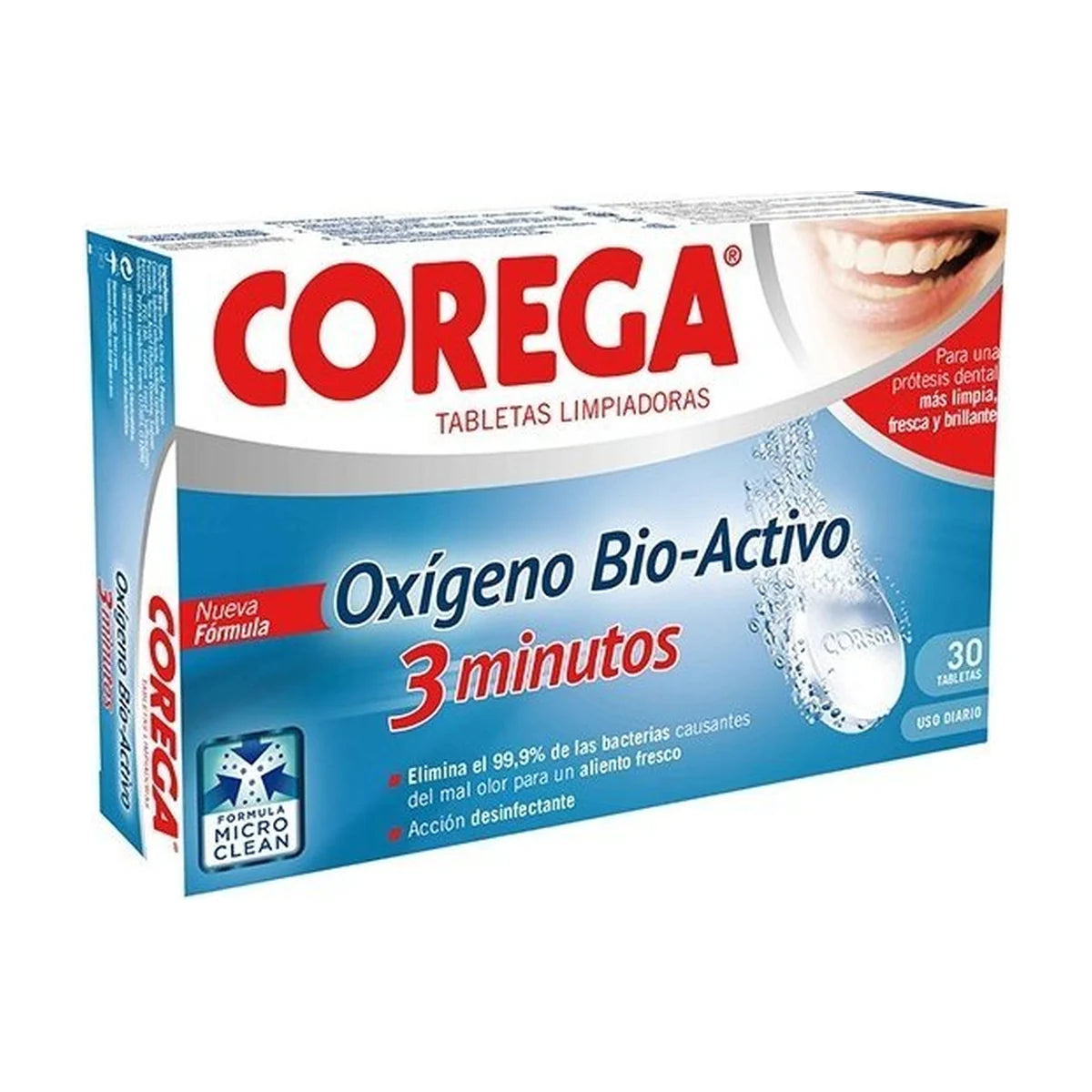 Corega Oxígeno Bio-Activo 3 Minutos 30 Tabletas Limpiadoras