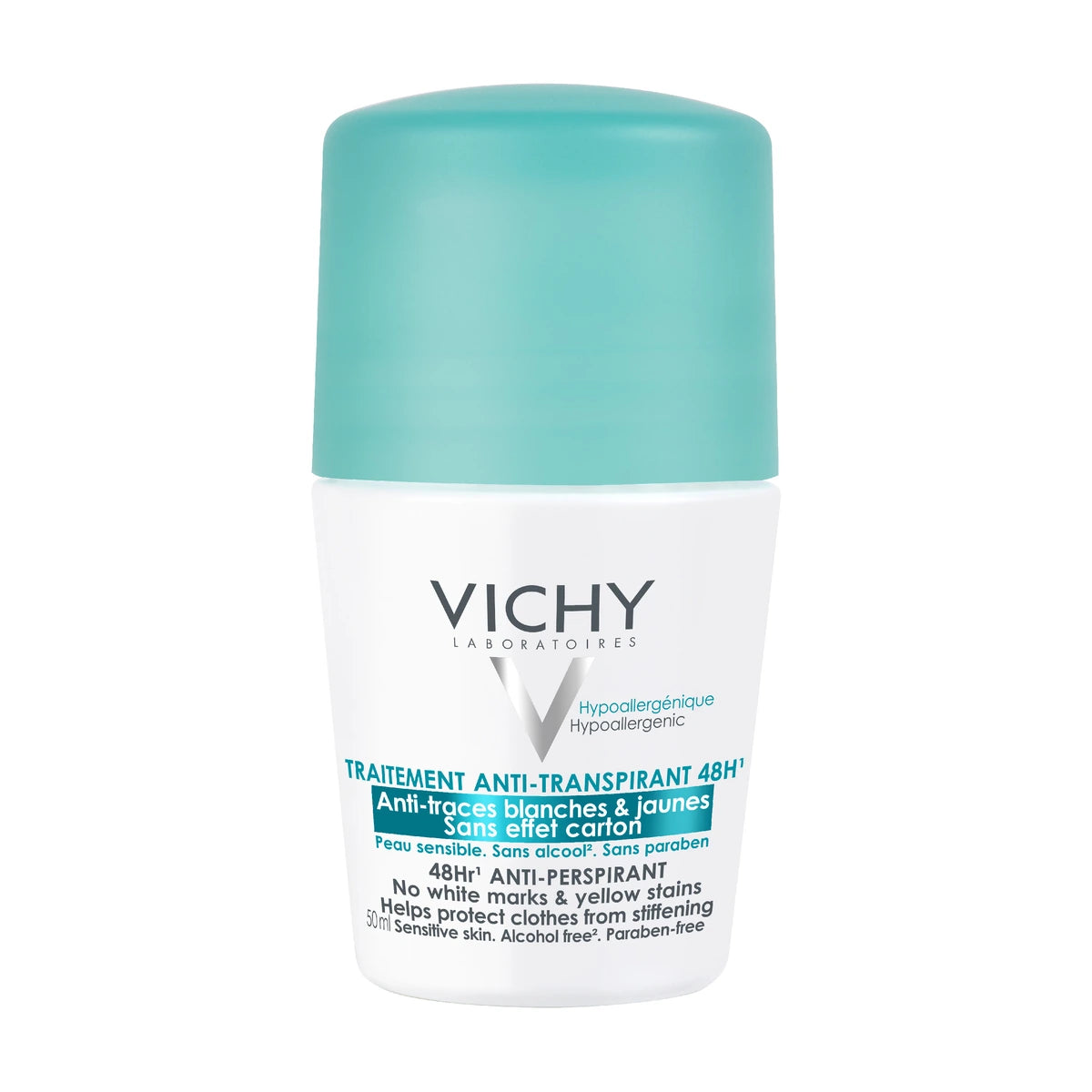 Vichy desodorante antitranspirante Antimanchas 48H roll-on 50 ml, producto sobre fondo blanco