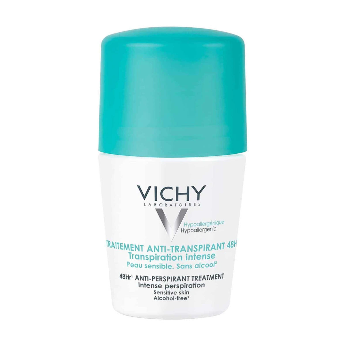 Vichy desodorante antitranspirante 48H roll-on 50 ml, producto sobre fondo blanco