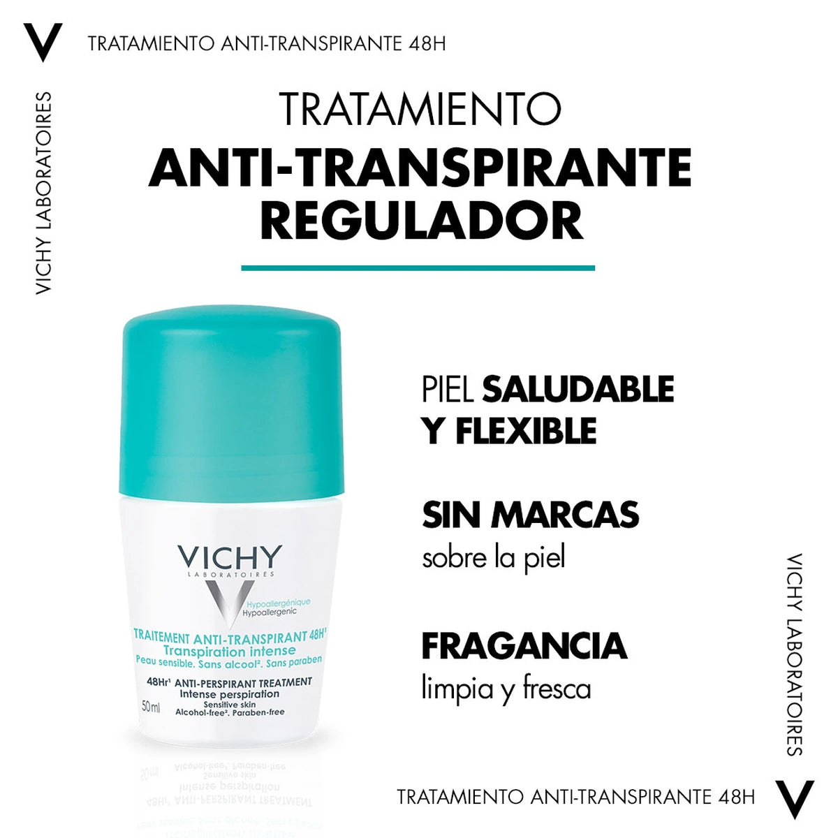 Vichy desodorante antitranspirante 48H roll-on 50 ml, infografía de fórmula y fragancia