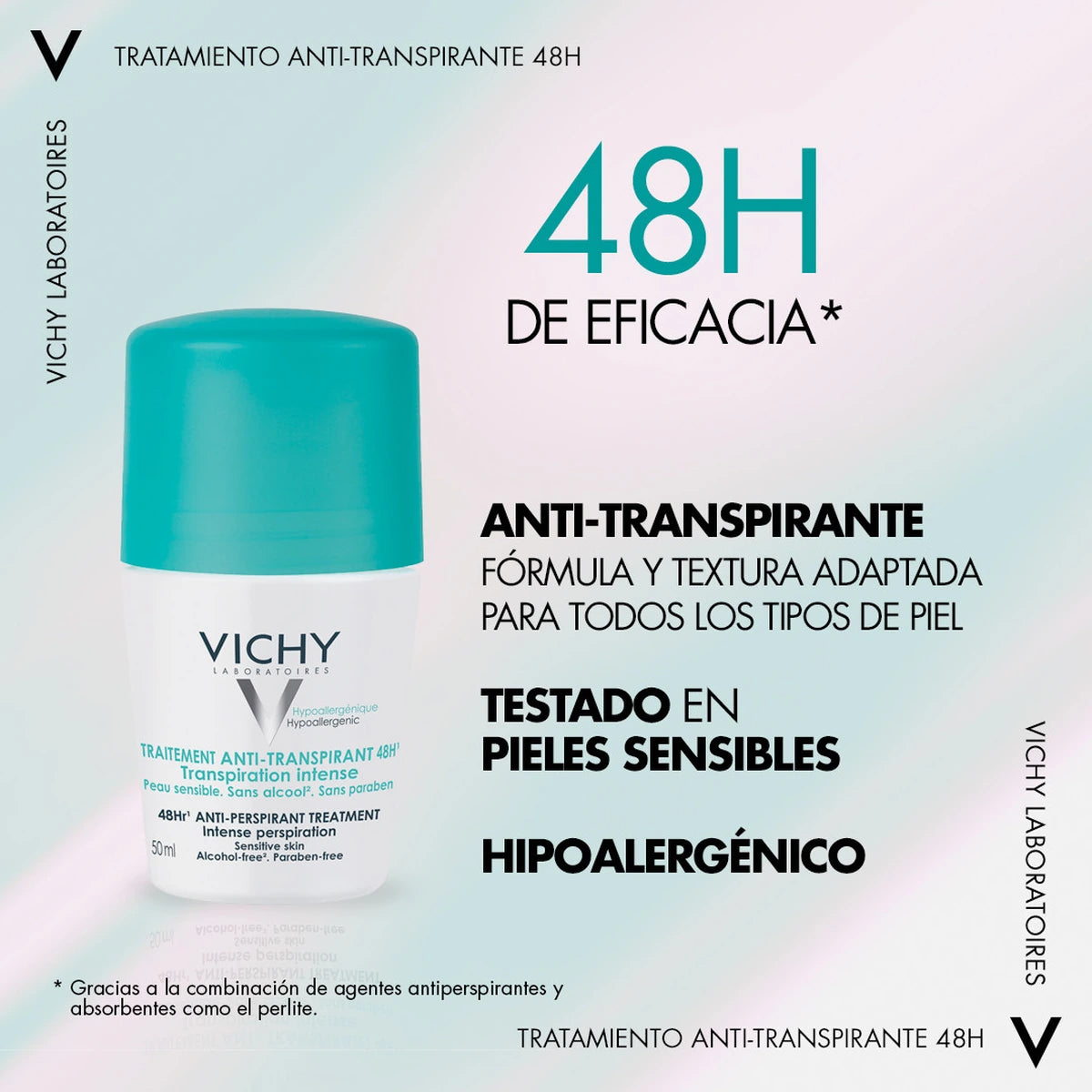 Vichy desodorante antitranspirante 48H roll-on 50 ml, infografía de protección 48 horas y piel sensible