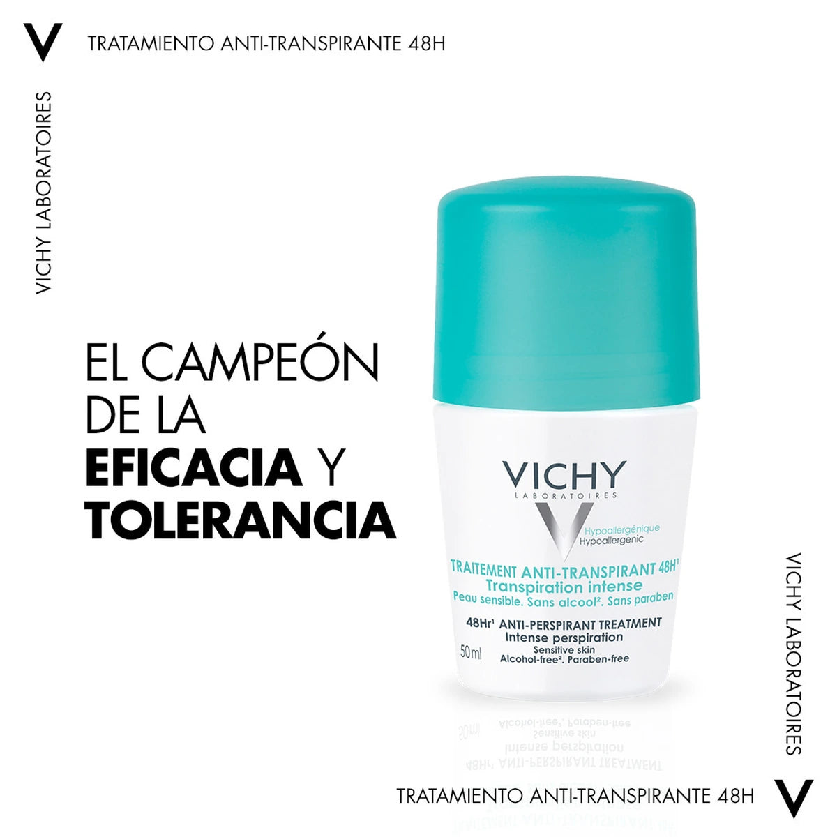 Vichy desodorante antitranspirante 48H roll-on 50 ml, presentación de eficacia y tolerancia