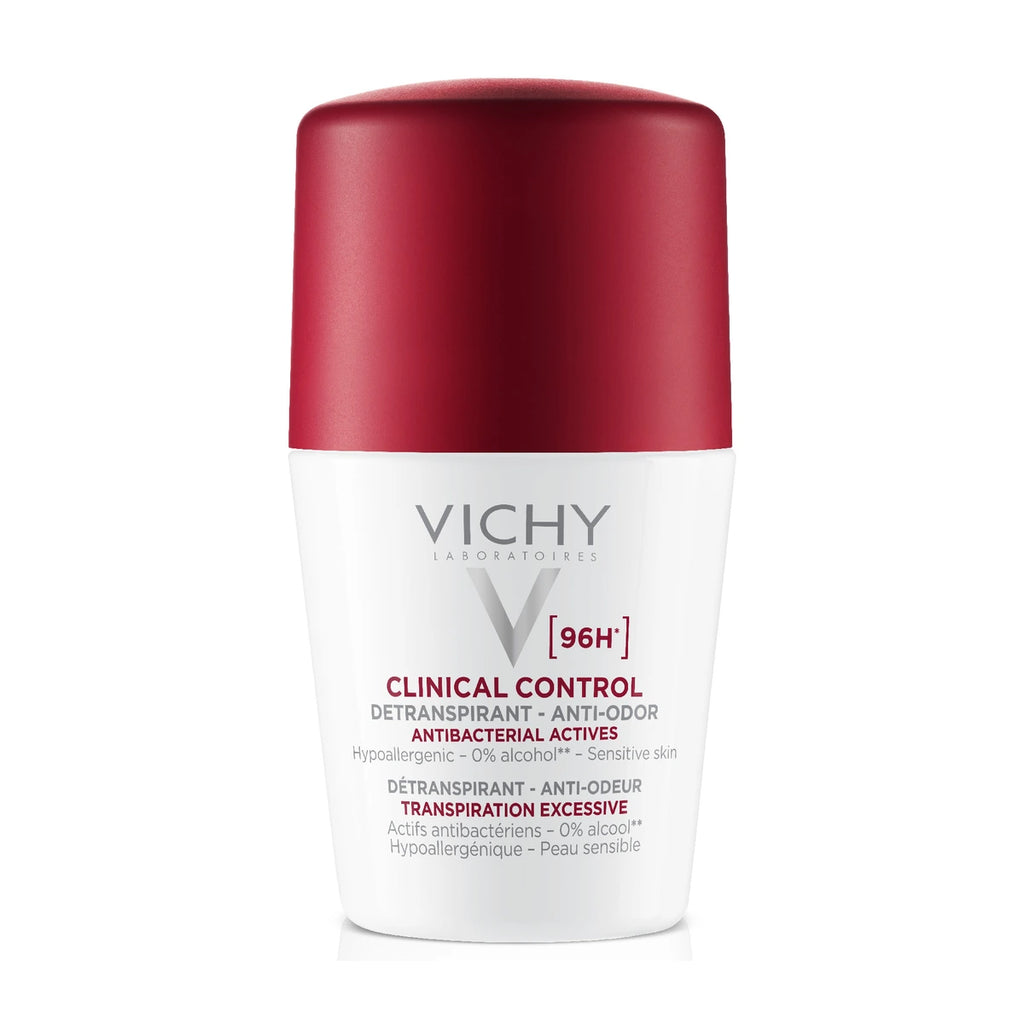 Vichy Clinical Control 96H desodorante antitranspirante roll-on 50 ml, envase con tapón rojo sobre fondo blanco.
