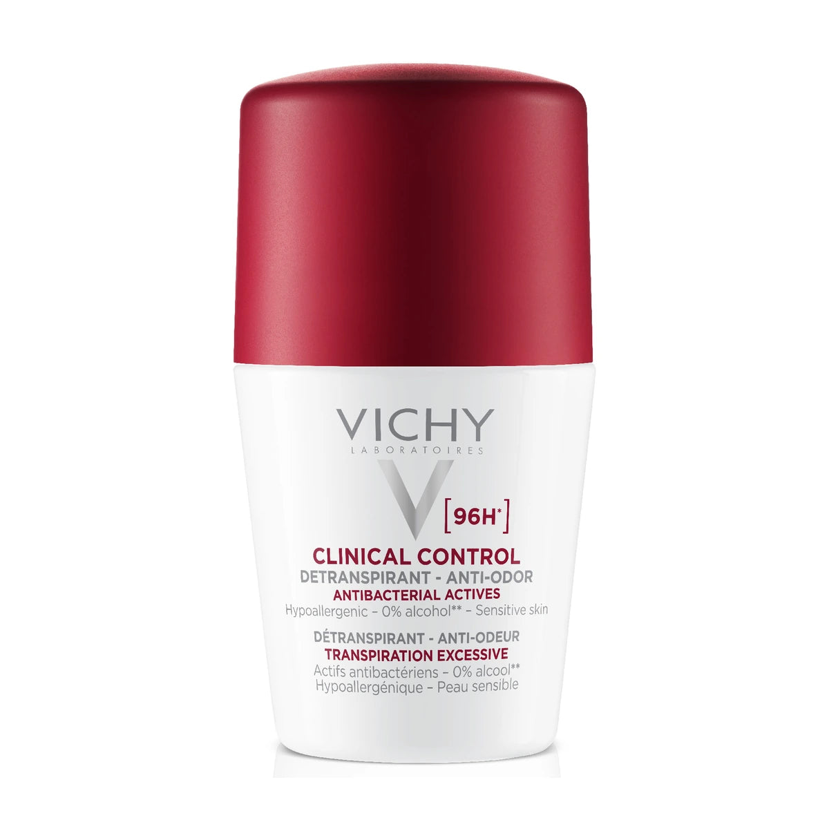 Vichy Clinical Control 96H desodorante antitranspirante roll-on 50 ml, envase con tapón rojo sobre fondo blanco.