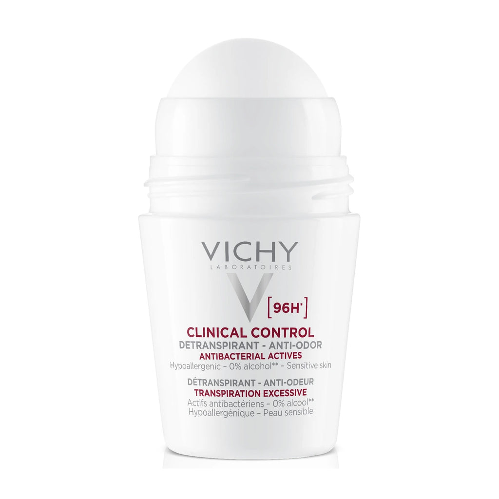 Vichy Clinical Control 96H roll-on 50 ml sin tapón, con el aplicador visible sobre fondo blanco.