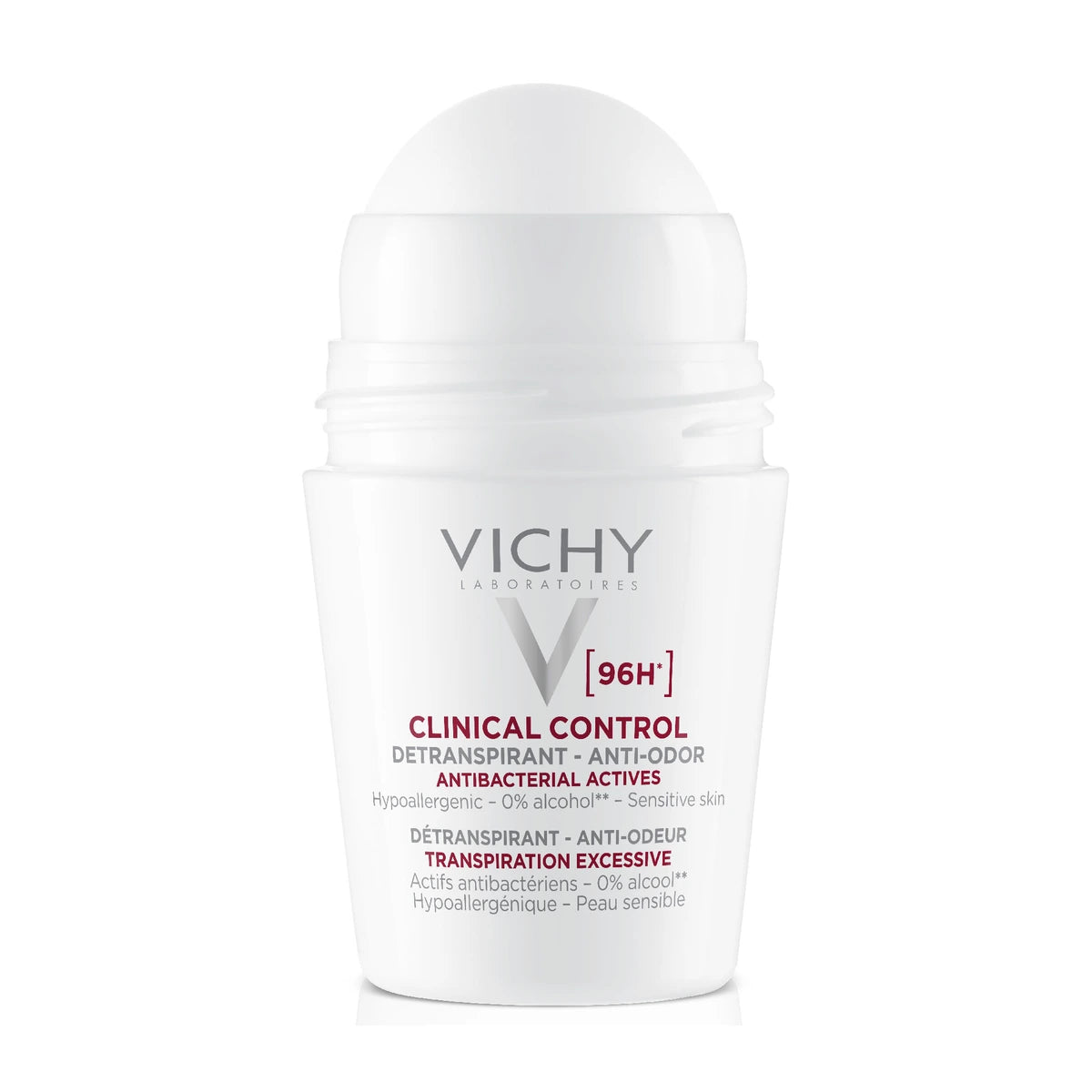 Vichy Clinical Control 96H roll-on 50 ml sin tapón, con el aplicador visible sobre fondo blanco.