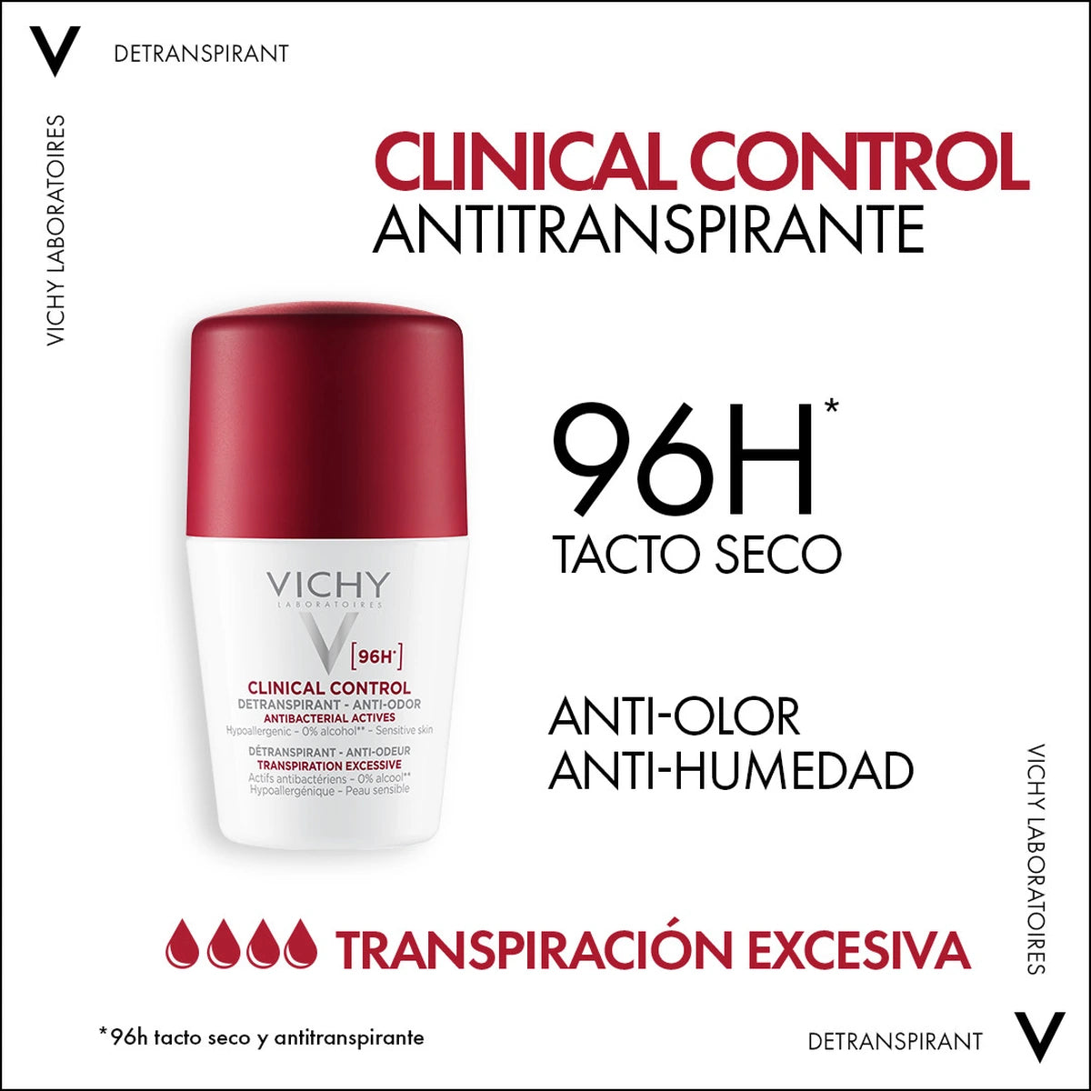 Vichy Clinical Control 96H: infografía del fabricante sobre tacto seco, acción antiolor y antihumedad.
