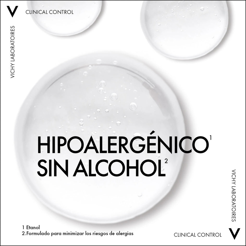 Infografía del fabricante de Vichy Clinical Control 96H: hipoalergénico y sin alcohol etílico.