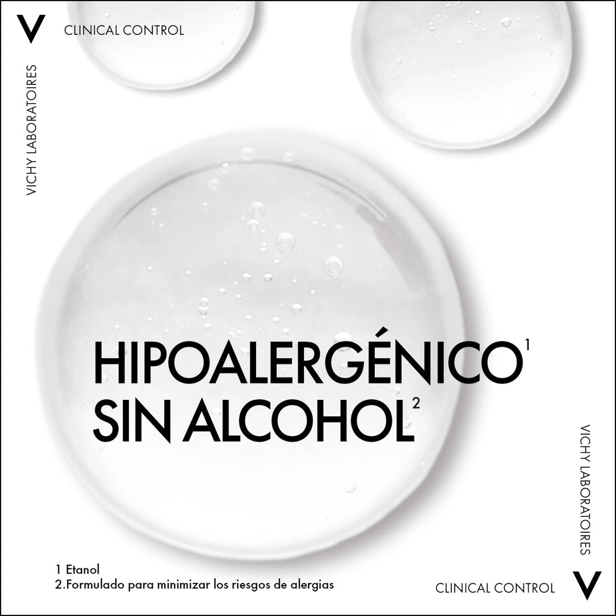 Infografía del fabricante de Vichy Clinical Control 96H: hipoalergénico y sin alcohol etílico.