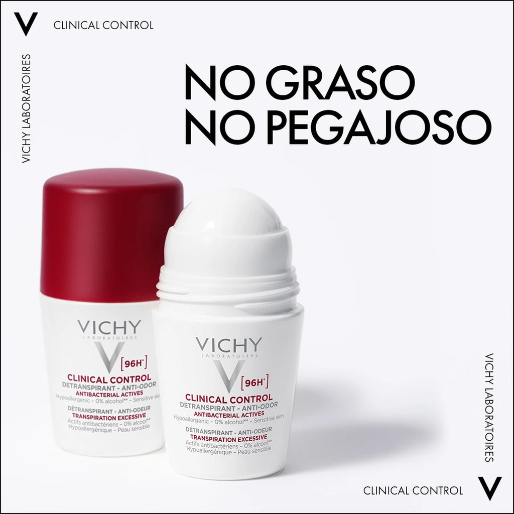 Vichy Clinical Control 96H con y sin tapón: infografía del fabricante sobre textura no grasa y no pegajosa.