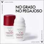 Vichy Clinical Control 96H con y sin tapón: infografía del fabricante sobre textura no grasa y no pegajosa.