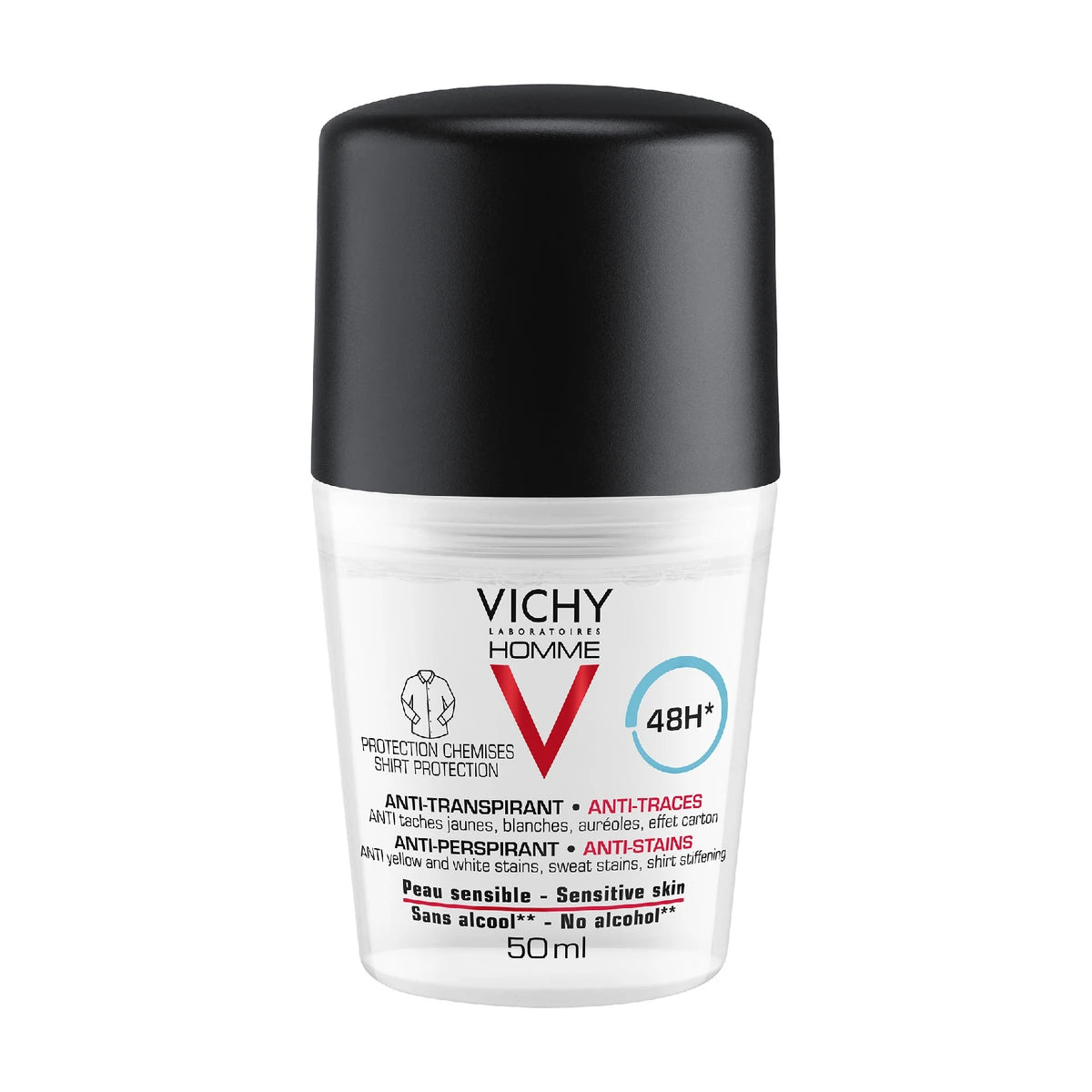 Vichy Homme desodorante antimanchas 48H roll-on 50 ml - Producto sobre fondo blanco