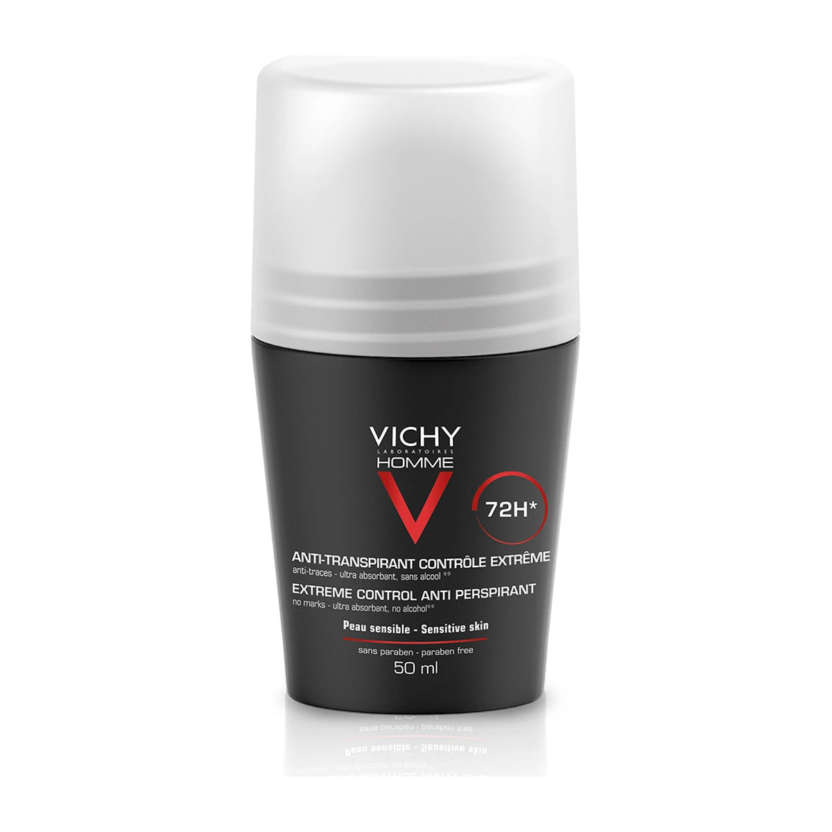 Vichy Homme desodorante antitranspirante 72H roll-on 50 ml - Producto sobre fondo blanco