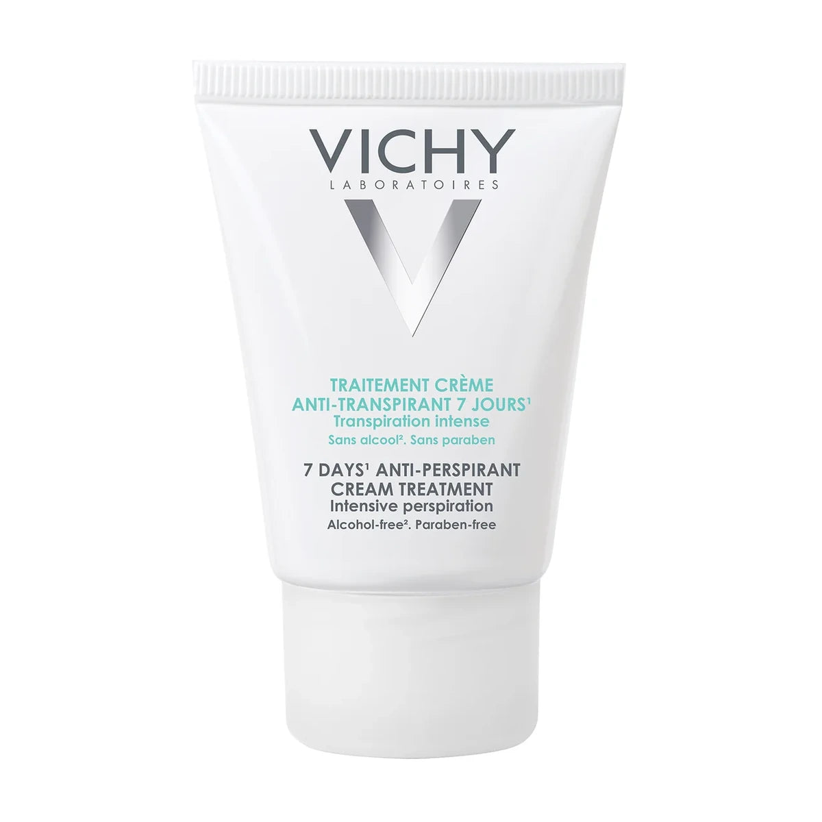 Vichy desodorante antitranspirante 7 Días crema 30 ml, tubo sobre fondo blanco