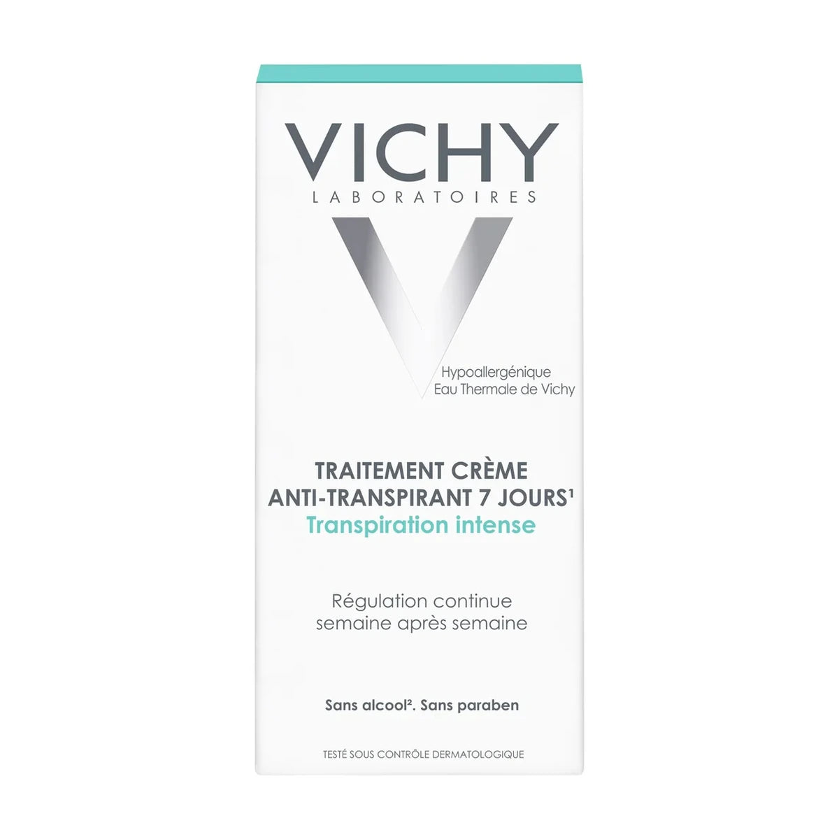 Vichy desodorante antitranspirante 7 Días crema 30 ml, caja sobre fondo blanco
