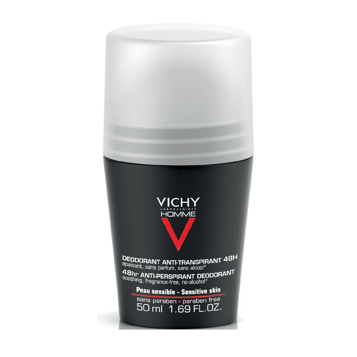 Vichy Homme desodorante pieles sensibles 48H roll-on 50 ml - Producto sobre fondo blanco